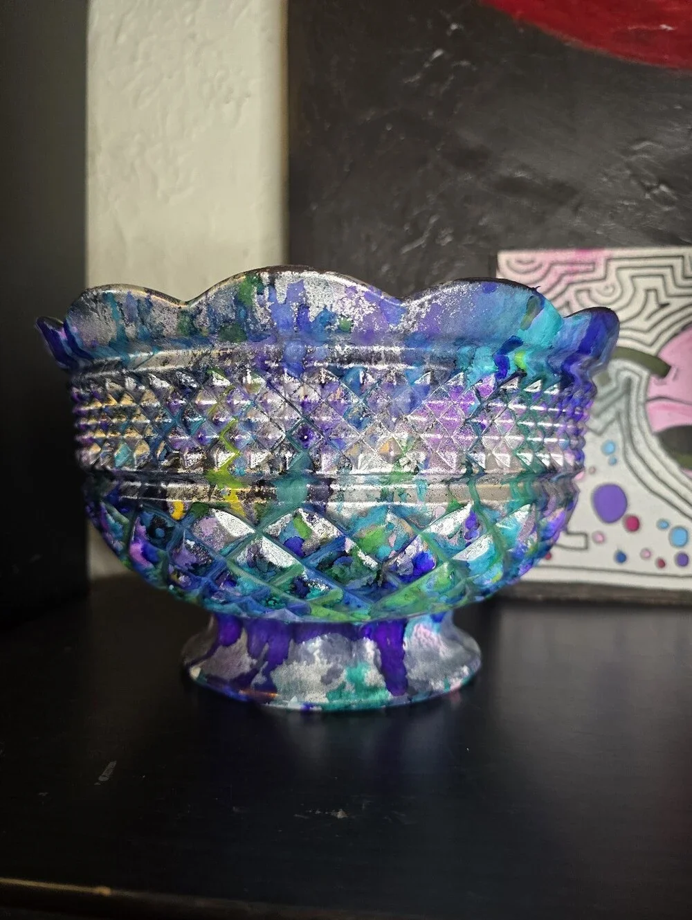 HANDCRAFTED Upcycled Glass Bowl HANDPAINTED Decorative Etched Glass Bowl W Stem